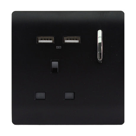 1 Gang Single 13A USB-A Socket in matt black with two USB-A ports, chrome rocker switch, and screwless plate on a plain white background.