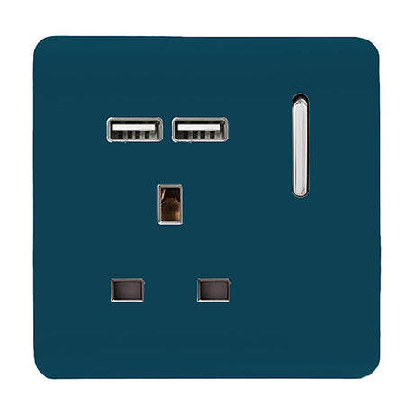 Square screwless 1 gang 13A USB-A socket in midnight blue with chrome insert, two USB charging ports, rocker switch, and neon indicator on a white background.