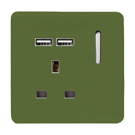 Moss green 1 gang single 13A switched socket with two USB-A ports, chrome rocker switch and inserts, screwless square plate on a white background.