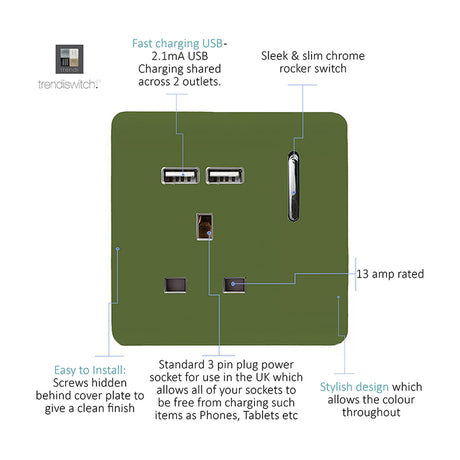 Moss green 1 gang 13A socket with chrome rocker switch, two USB-A charging ports, screwless plate and neon indicator, shown with labelled features.