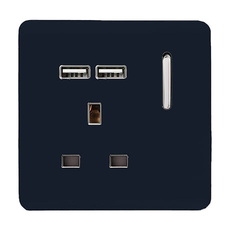 1 Gang single 13A socket with two USB-A charging ports in navy blue, featuring a chrome insert, rocker switch, and screwless plate on a white background.