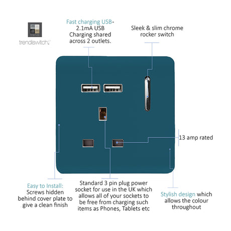 Ocean blue 1 gang 13A socket with screwless plate, chrome rocker switch, two USB-A charging ports, and 3-pin outlet, shown with labelled feature callouts.
