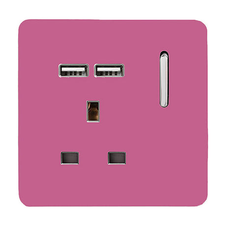 1 Gang Single 13A USB-A Socket in pink with a screwless flat plate, chrome rocker switch, single 3-pin outlet, and two USB-A charging ports, shown on a plain white background.