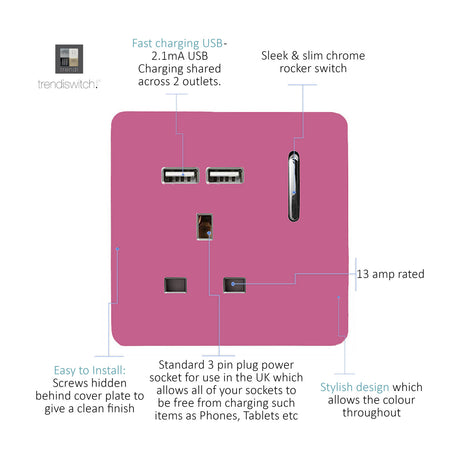 Pink 1 gang 13A switched socket with screwless plate, chrome rocker switch, two USB-A charging ports and diagram labelling key features.