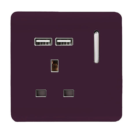 Plum single 13A switched socket with screwless plate, chrome switch and neon indicator, plus two USB-A ports, shown on a white background.