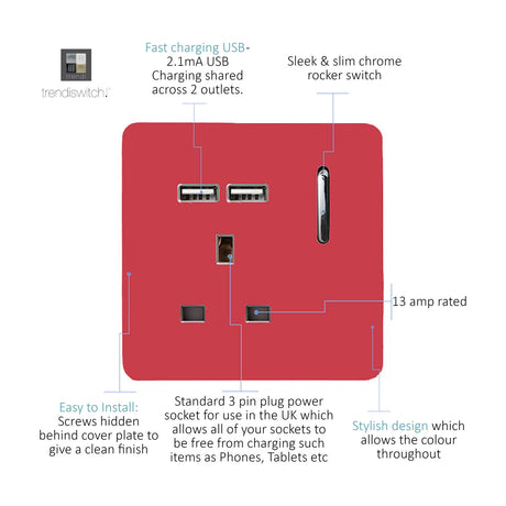 Strawberry red 1 gang 13A socket with chrome rocker switch, two USB-A charging ports, and screwless plate, labelled diagram on white background.