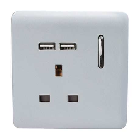 1 gang single 13A switched socket with two USB-A ports, platinum silver screwless plate with chrome rocker switch, shown on a plain white background.