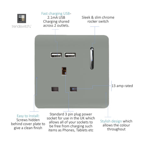 1 Gang 13A socket in platinum silver with chrome rocker switch, two USB-A charging ports, and 3-pin outlet on a screwless plate, shown on a white background.