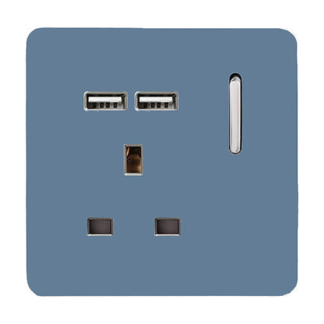 Sky blue 1 gang 13A screwless socket with chrome rocker switch, two USB-A charging ports, and chrome insert, shown on a plain white background.
