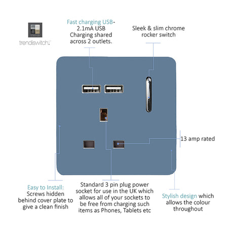 Sky blue 1 gang 13A switched socket with screwless plate, chrome insert, rocker switch, and two USB-A charging ports, shown with labelled features on a white background.