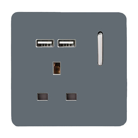 Warm grey 1 gang 13A single socket with screwless plate, chrome rocker switch, and two USB-A charging ports, shown on a plain white background.