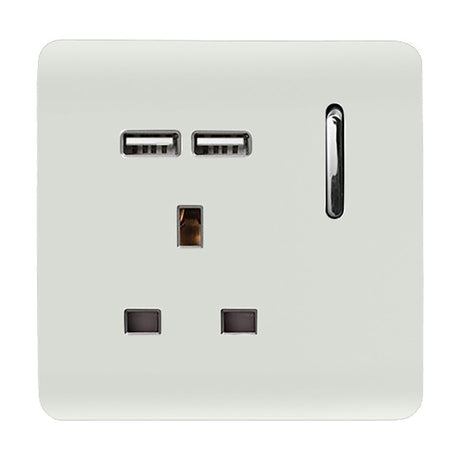 1 Gang Single 13A USB-A Socket in ice white with screwless plate, chrome rocker switch and two USB-A charging ports, shown on a plain white background.