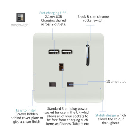 Ice white 1-gang screwless socket with two USB-A charging ports, a 13A switched outlet, and a chrome rocker switch with neon indicator.