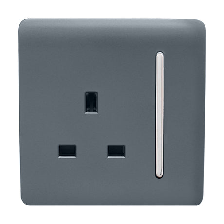 1 Gang Single 13A Socket in warm grey, screwless square plate with chrome pin surround and long rocker switch, shown on a plain white background.