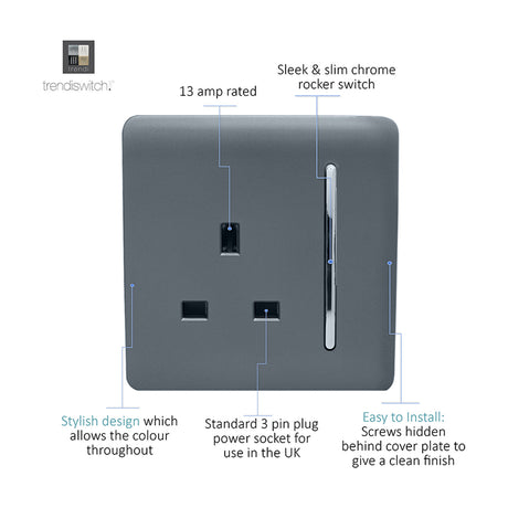 1 Gang Single 13A Socket in warm grey with chrome insert and slim chrome rocker switch on a screwless square plate, shown with labelled features.