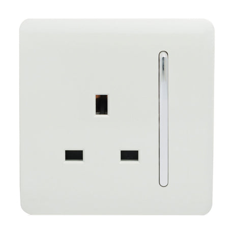 1 Gang Single 13A Socket in Ice White with a screwless flat plate, chrome insert, and vertical rocker switch, shown on a plain white background.