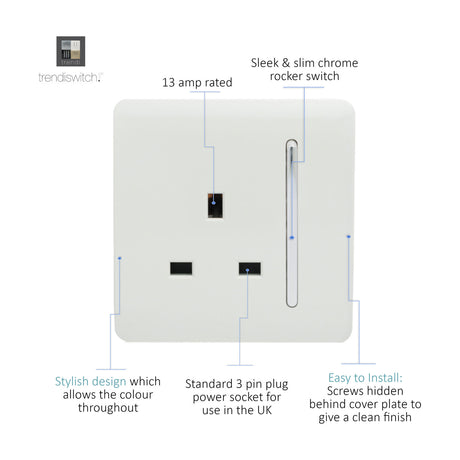 1 Gang Single 13A Socket in Ice White with screwless flat plate, chrome rocker switch and 3-pin outlet, shown on white background with labelled features.