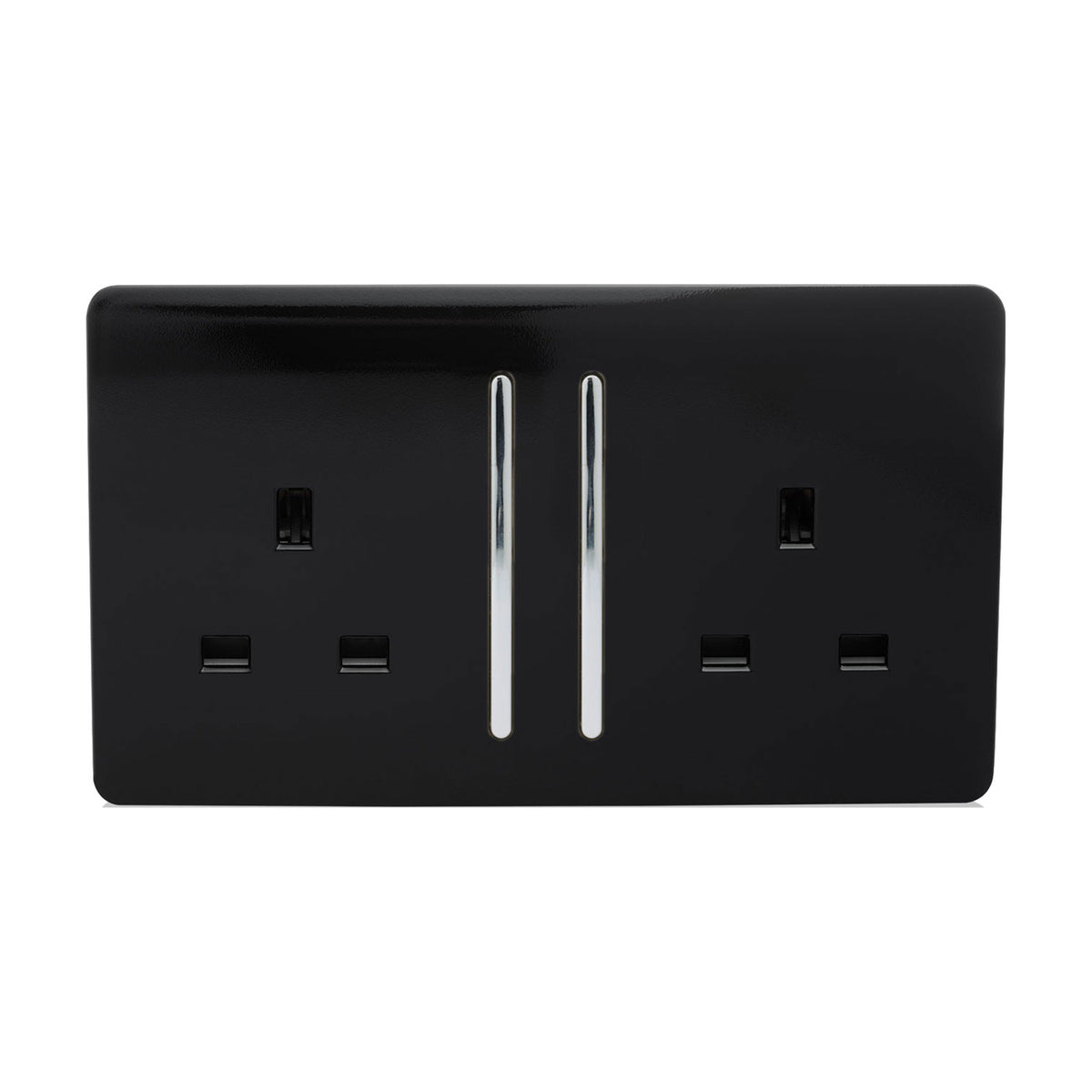 2 Gang Double 13A Socket in Piano Black with a screwless gloss faceplate, two chrome rocker switches, and chrome switch inserts, shown on a white background.