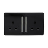 2 Gang Double 13A Socket in Piano Black with a screwless gloss faceplate, two chrome rocker switches, and chrome switch inserts, shown on a white background.