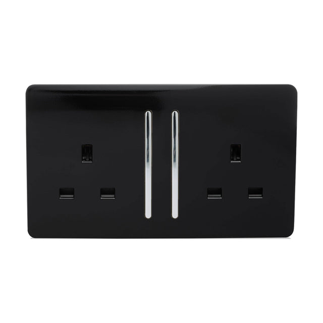 2 Gang Double 13A Socket in Piano Black with a screwless gloss faceplate, two chrome rocker switches, and chrome switch inserts, shown on a white background.