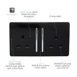 Screwless 2 gang double 13A socket in gloss piano black with two chrome rocker switches, shown on a white background with labelled feature callouts.