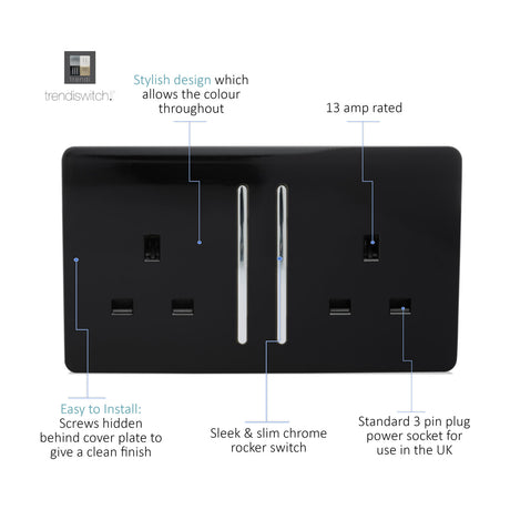 Screwless 2 gang double 13A socket in gloss piano black with two chrome rocker switches, shown on a white background with labelled feature callouts.