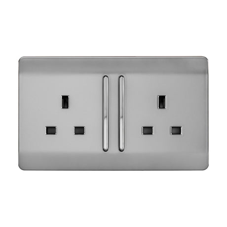 Screwless 2 gang double 13A socket in brushed steel with chrome rockers and pin surrounds, twin outlets on a flat rectangular plate, shown on a white background.