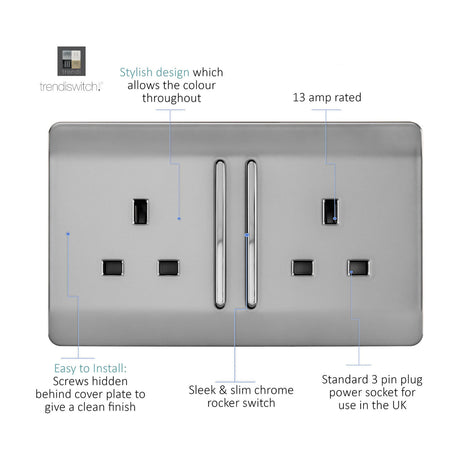 Brushed steel 2 gang double 13A socket with screwless plate and chrome rockers, shown with labelled callouts on a white background.