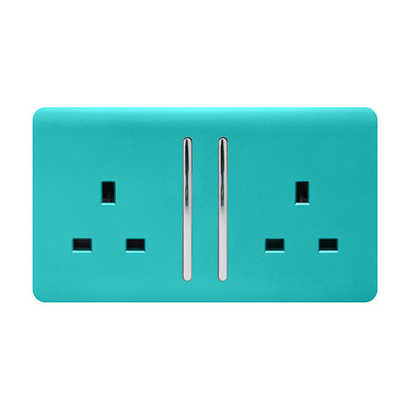 2 Gang Double 13A Socket in bright teal with chrome rocker switches and pin surrounds, screwless flat plate design, shown on a plain white background.