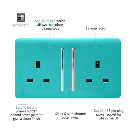 2 Gang Double 13A Socket in bright teal with chrome rocker switches and pin surrounds, screwless plate design, shown with feature callouts on a white background.
