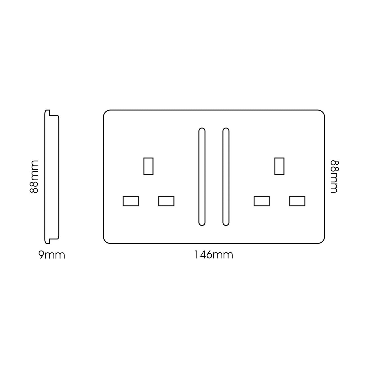 Front and side technical line drawings of a screwless 2 gang 13A double socket in carbon fibre finish, showing 146mm width, 88mm height and 9mm depth.