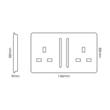 Front and side technical line drawings of a screwless 2 gang 13A double socket in carbon fibre finish, showing 146mm width, 88mm height and 9mm depth.