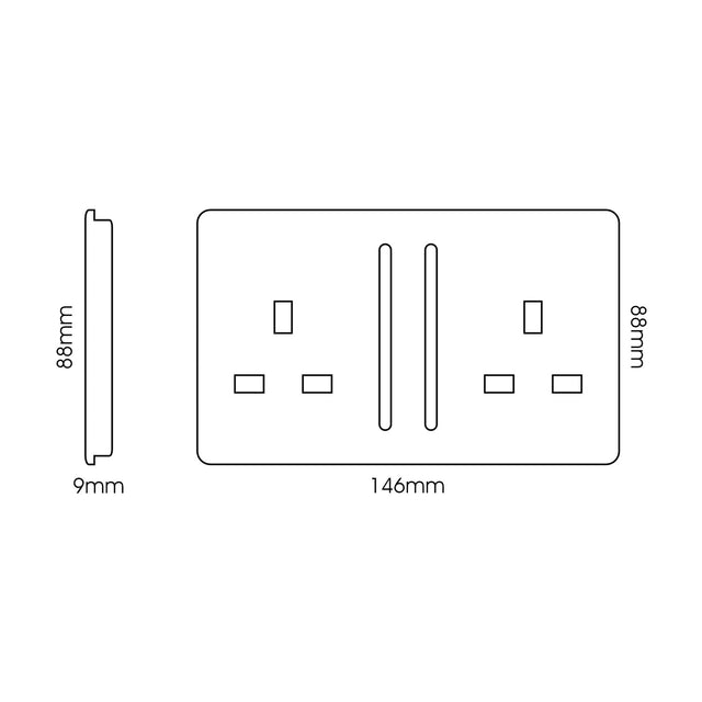 Front and side technical line drawings of a screwless 2 gang 13A double socket in carbon fibre finish, showing 146mm width, 88mm height and 9mm depth.