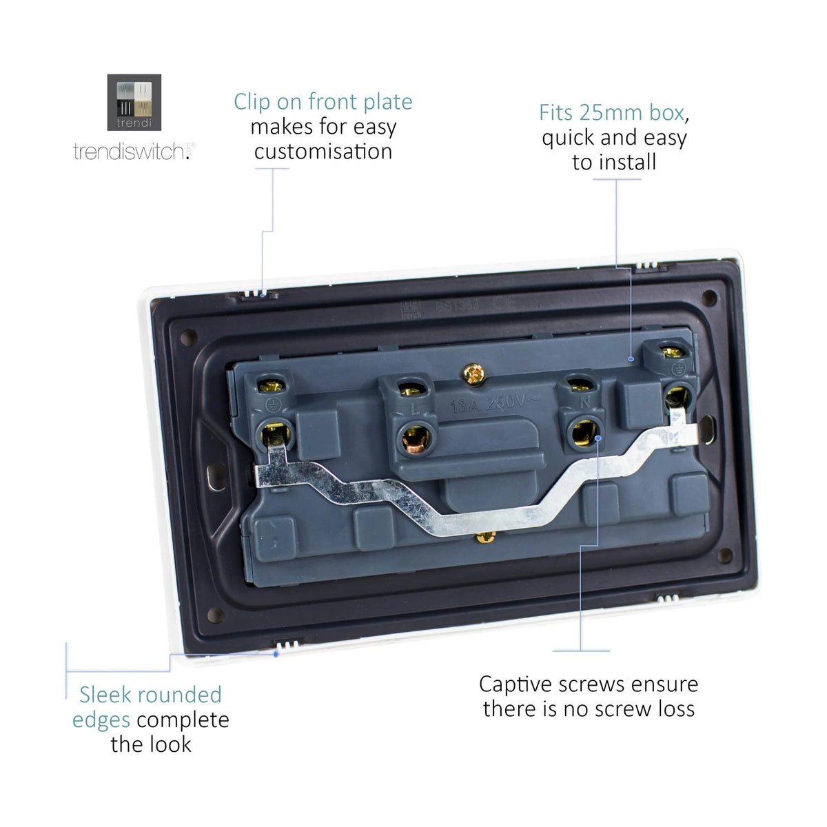 Rear view of a 2 gang double 13A socket showing the internal terminals, captive screws, and mounting box fitting on a plain white background.