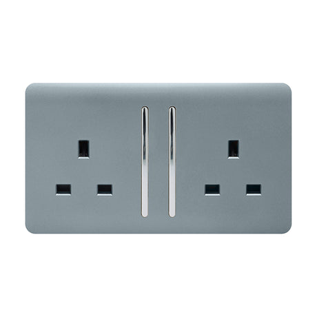 2 Gang Double 13A Socket in cool grey with screwless rectangular plate, two chrome switched socket outlets and long chrome rocker switches, shown on a plain white background.