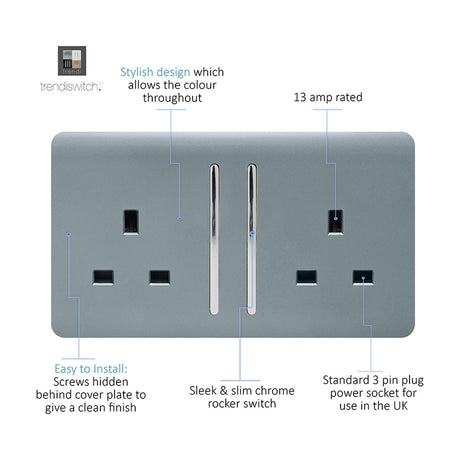 Screwless 2 gang double 13A socket in cool grey with chrome rockers and sockets, shown with labelled callouts on a white background.