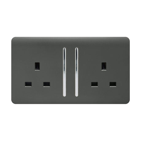 2 Gang Double 13A Socket in charcoal with a screwless flat plate, chrome rocker switches and inserts, shown on a plain white background.
