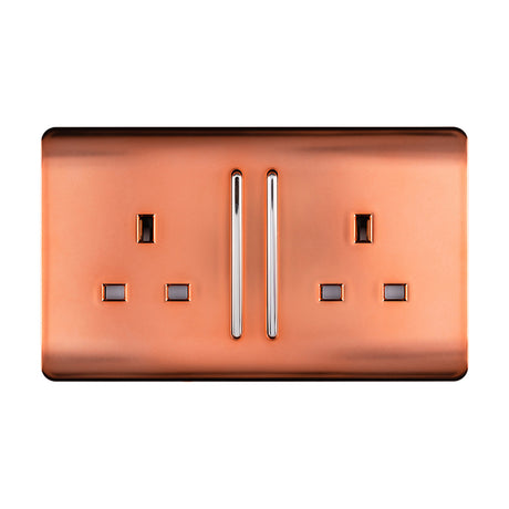 Screwless 2 gang double 13A socket in copper finish with chrome sockets and two slim vertical rocker switches, shown on a white background.