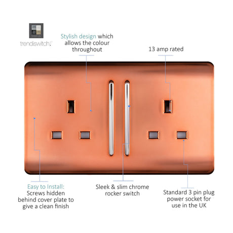Copper 2 gang double 13A socket with chrome rockers and chrome insert trims, screwless flat plate, shown on white background with feature callouts.