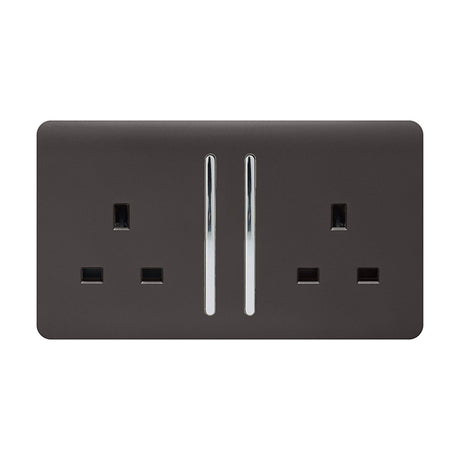 Dark brown 2 gang double 13A socket with screwless flat plate, chrome switch rockers and pin trim, shown on a plain white background.