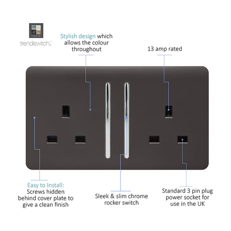 Dark brown screwless 2 gang 13A double socket with two sleek chrome rocker switches and chrome-trimmed pin apertures, shown on a white background with feature callouts.