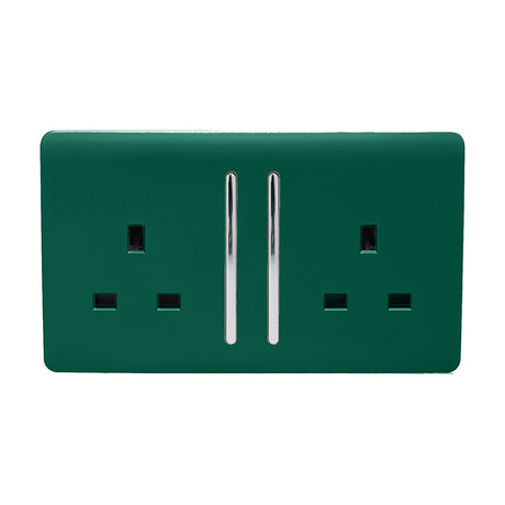Dark green 2 gang double 13A socket with screwless flat plate, chrome rocker switches and inserts, shown on a white background.