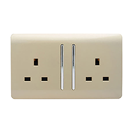 2 Gang Double 13A Socket in champagne gold with chrome inserts and rockers, screwless flat plate, shown on a plain white background.