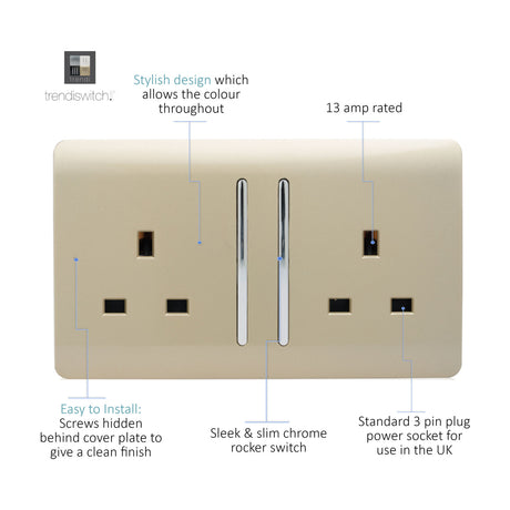 2 Gang Double 13A Socket in champagne gold with chrome inserts, screwless flat plate, slim chrome rocker switches, and standard UK 3-pin outlets on a white background.