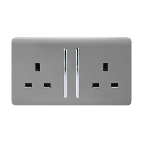 2 Gang Double 13A Socket in light grey with a flat screwless plate, chrome switch inserts, and two rocker switches, shown on a plain white background.