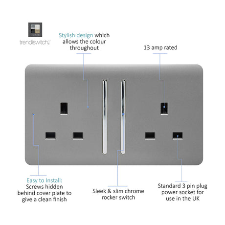 Light grey 2 gang double 13A socket with screwless flat plate, chrome inserts, and two slim chrome rocker switches, shown on a white background with feature callouts.