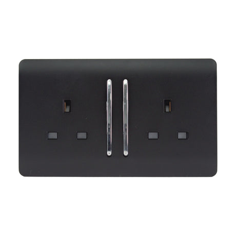 Screwless 2 gang double 13A socket in matt black with two vertical chrome rocker switches, photographed on a plain white background.