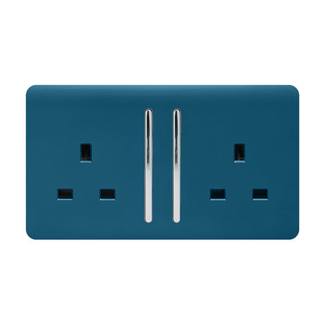 2 Gang Double 13A Socket in Midnight Blue, screwless flat plate with chrome switches and outlets, shown on a plain white background.