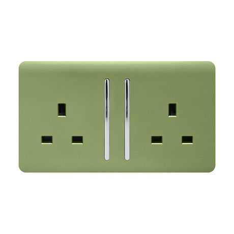 2 Gang Double 13A Socket in moss green with a screwless flat plate and chrome switch inserts, shown on a plain white background.