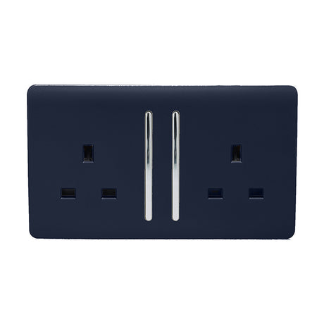 2 Gang Double 13A socket in navy blue, screwless flat plate with chrome switch inserts, shown on a plain white background.